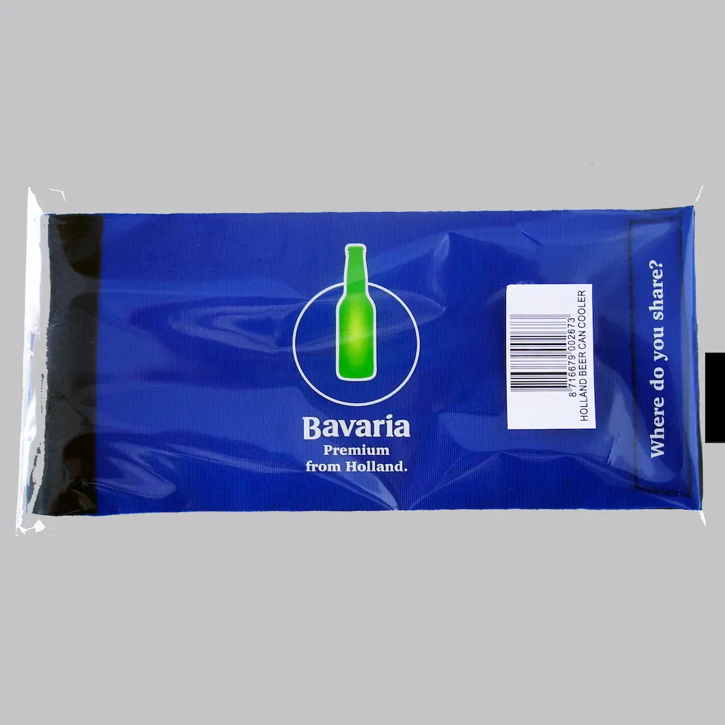 Standard economy bulk packaging specimen: A flat collapsible blue neoprene beer can koozie with precision screen-printed corporate branding, enclosed inside a clear tape-sealed protective polybag with an integrated logistical barcode label for efficient B2B warehouse inventory and downstream distribution.