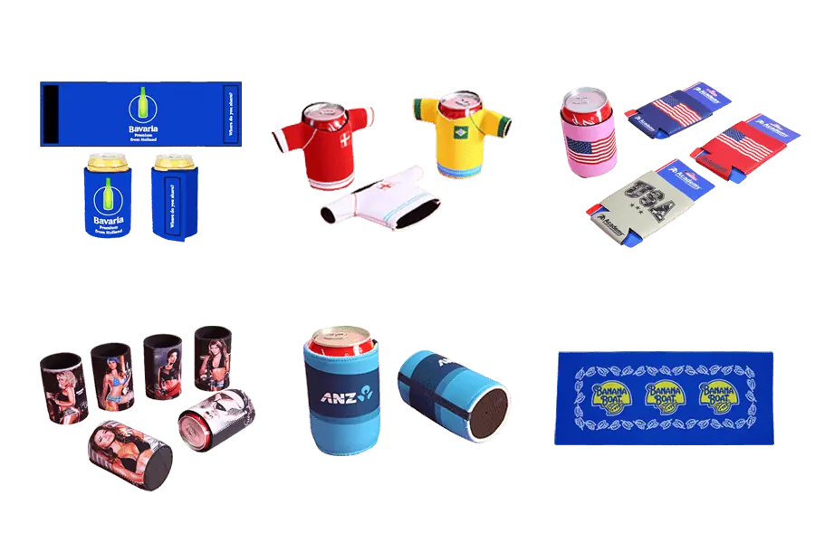 Collection of custom neoprene can koozies and bottle coolers in various styles: collapsible, rigid base with air-release, velcro wrap, self-reeling snap, novelty die-cut T-shirt, and high-fidelity full-color print. Ideal for B2B wholesale and OEM branding.