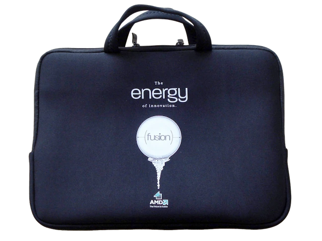 Black premium executive neoprene laptop handle case with a printed AMD corporate logo, showcasing durable upright carrying handles and precision industrial stitching for B2B wholesale.