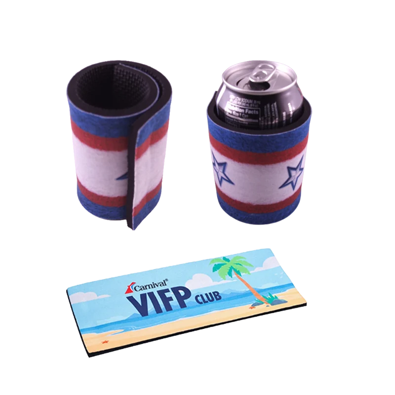 Self-reeling snap neoprene can koozie featuring Carnival VIFP Club logo, demonstrating fast-application format for premium events and hospitality merchandise.