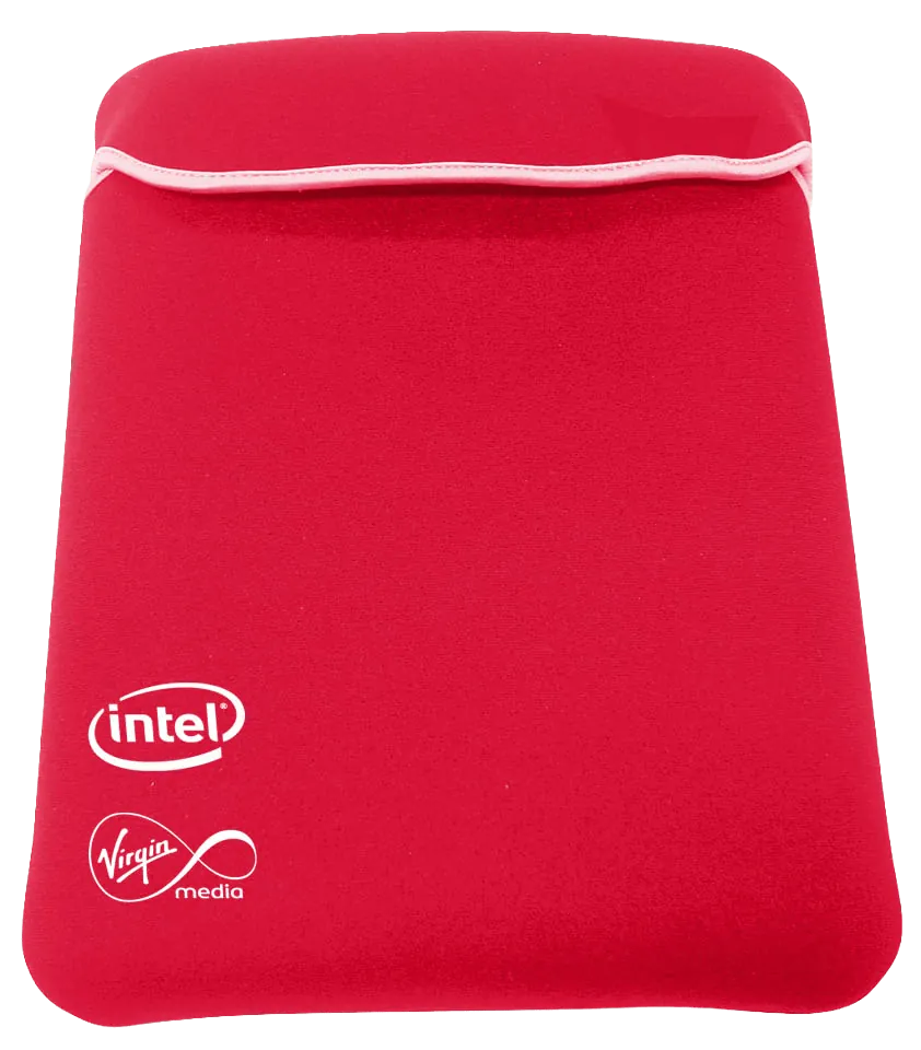 Red ultra-slim neoprene laptop sleeve with a zipperless flap closure, featuring printed Intel and Virgin Media corporate logos for bulk private label promotional gift manufacturing.