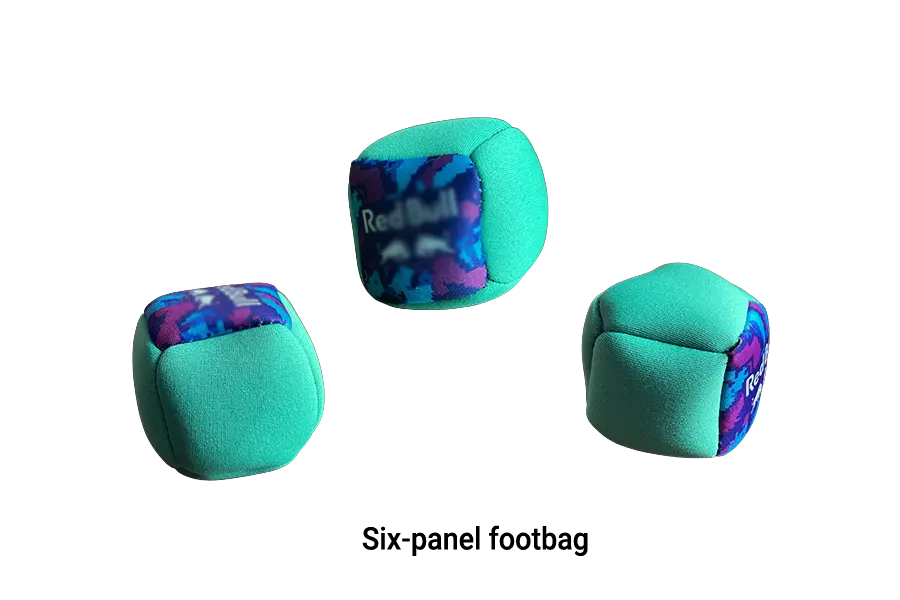 Custom multi-panel neoprene footbag manufacturing sample with high-fidelity branding