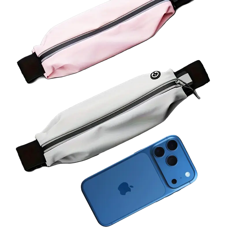 Lightweight Lycra-coated PU sports waist bag with waterproof finish, reflective strip, waterproof zipper, and adjustable elastic belt.