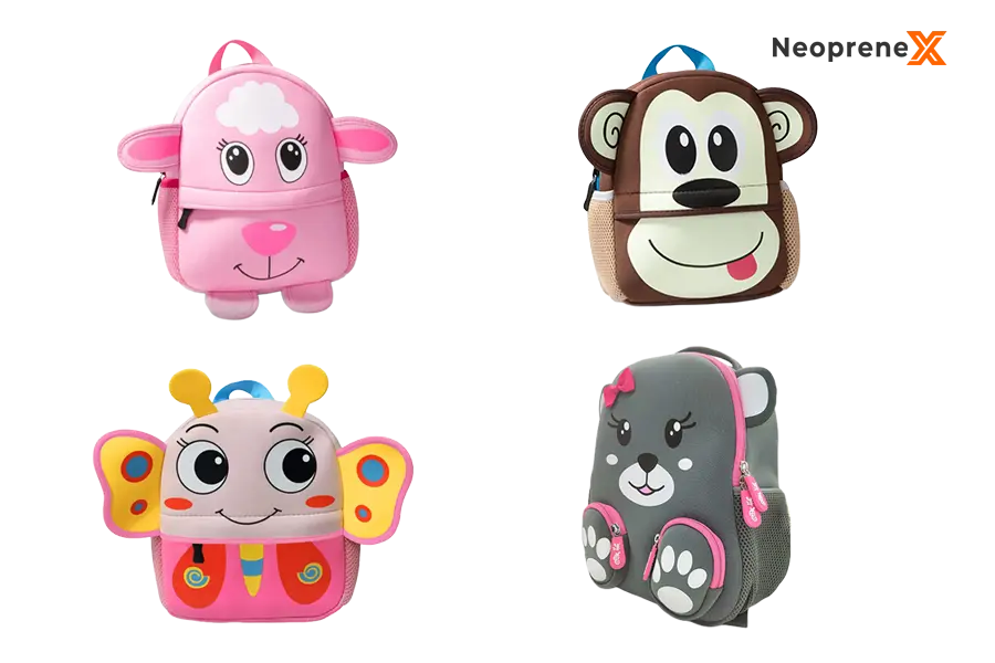 A collection of custom neoprene kids backpacks in 3D animal shapes including sheep, monkey, butterfly, and bear designs for B2B wholesale promotion.