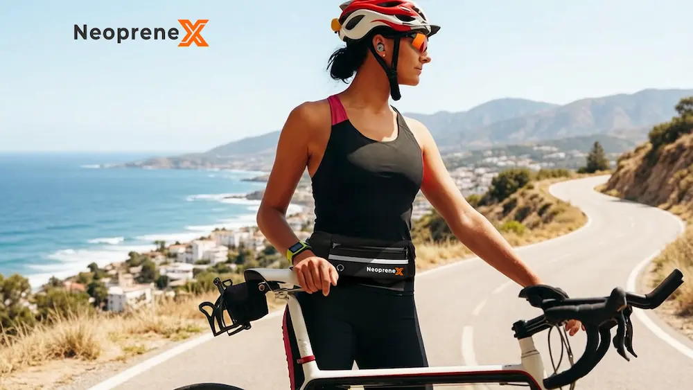 Video thumbnail showing a female cyclist with a bicycle on a coastal road, wearing a black custom neoprene sports waist bag by NeopreneX.