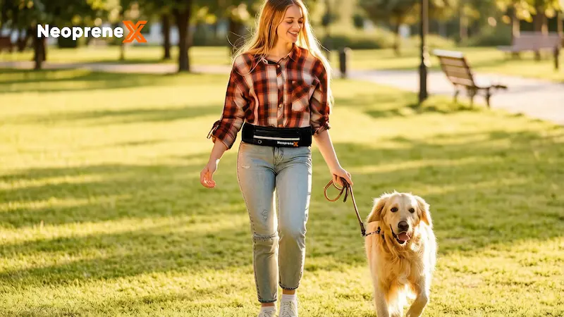 A woman walking her dog in a sunny park, wearing a black custom neoprene sports waist bag by NeopreneX.