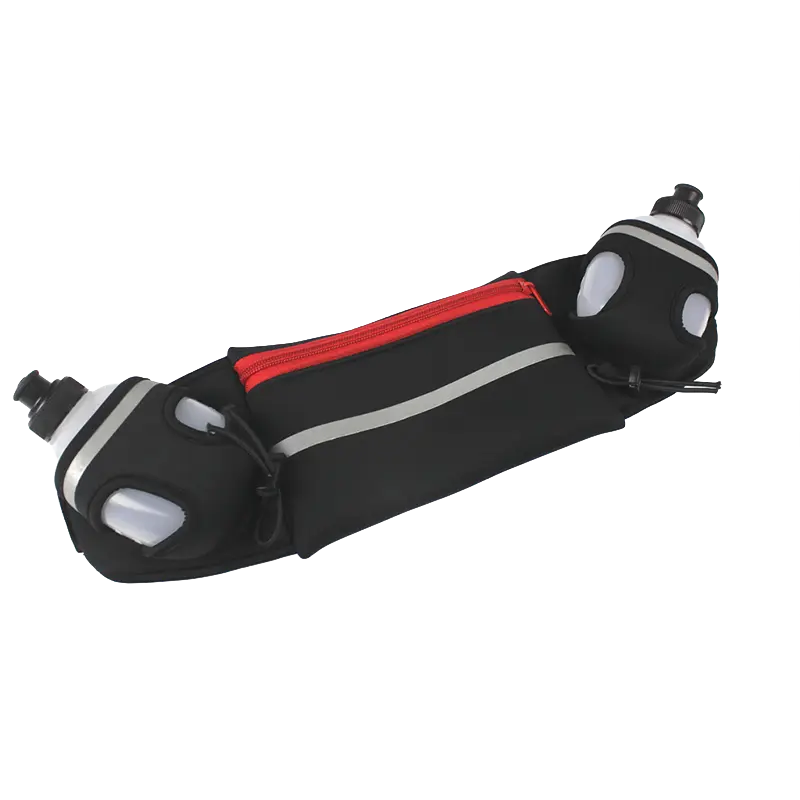 Custom neoprene sports waist bag with layered inner pockets, dual side bottle holders, reflective strip, and waterproof zipper.