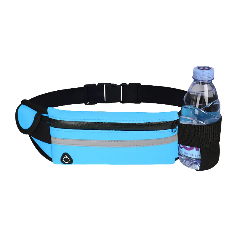 Custom neoprene sports waist bag with a main phone pocket, reflective strip, earphone hole, side coin pocket, and 350 ml bottle holder.