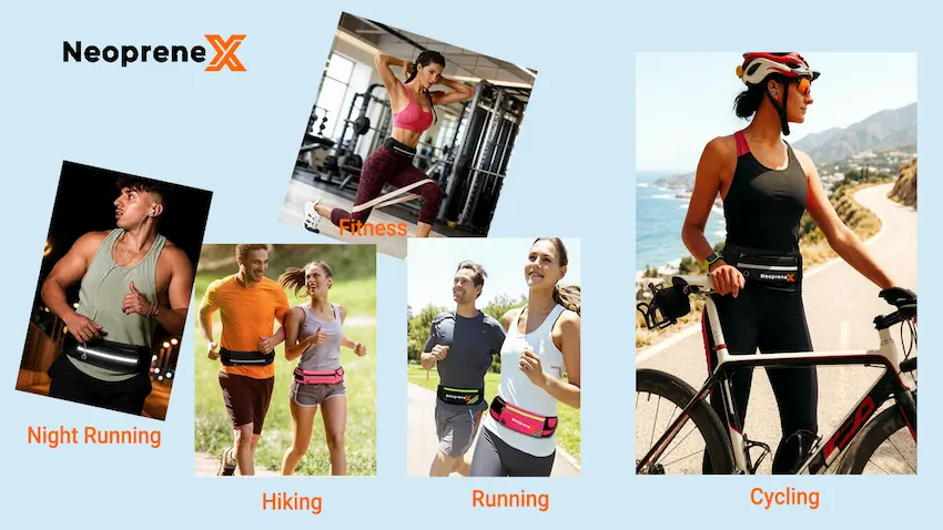 Custom neoprene sports waist bag showcase for night running, fitness, hiking, and cycling scenarios by NeopreneX.
