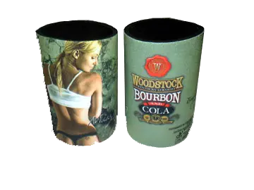 High-fidelity sublimation printed neoprene can koozie featuring Woodstock Bourbon Cola retro branding, showcasing full-surface color fidelity and graphic sharpness for premium private-label collections.