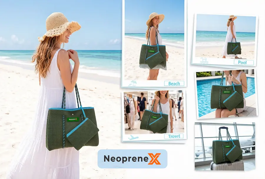 A collage showing a female model carrying a dark green perforated neoprene beach bag with a matching pouch across beach, travel, pool, and airport locations.