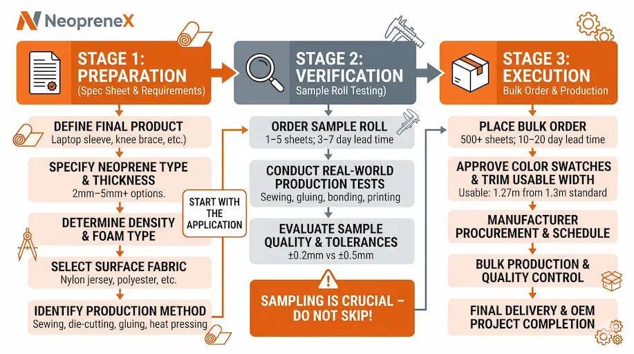 Neoprene fabric OEM procurement and sourcing process flow, covering specification, sample testing, and bulk production stages for NeopreneX clients.