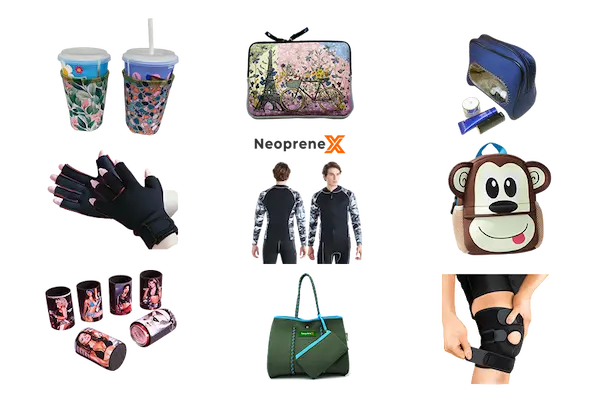 Custom neoprene products collection showing sleeves, wetsuits, sports supports, bags, and koozies for B2B wholesale and OEM projects.