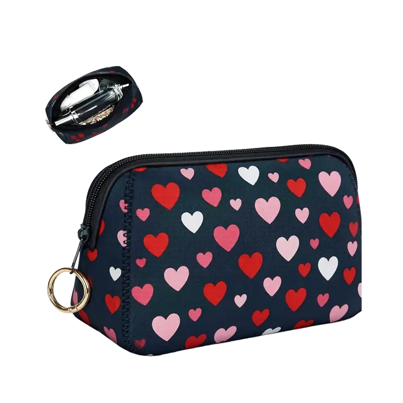 Neoprene makeup bag with triangular side panels and sublimation-ready surface for full-color printed cosmetic pouch designs