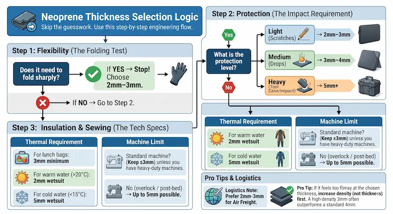 Step-by-step decision flowchart for selecting neoprene thickness, guiding OEM buyers through flexibility, impact protection, and sewing machine capacity requirements.