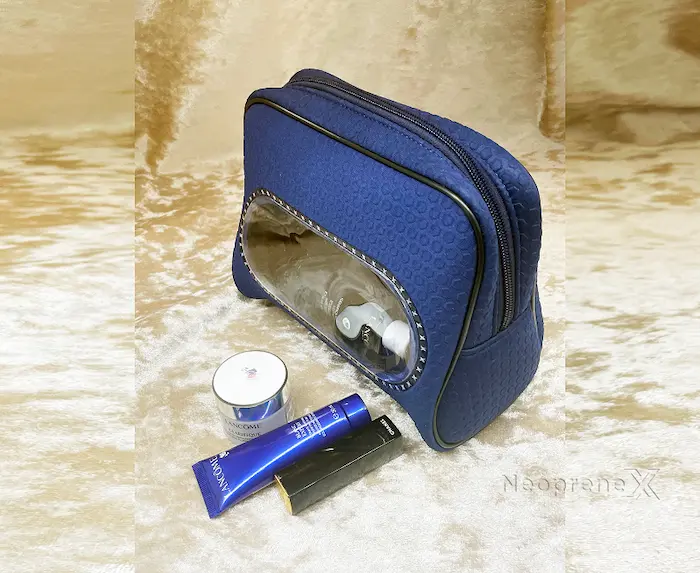 Custom neoprene makeup bag with voltage-bonded transparent window, direct from China OEM factory.
