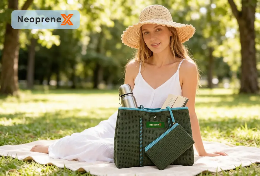 A female model wearing a straw hat sitting on a picnic mat, showcasing a large olive green perforated neoprene travel bag holding a thermos and notebook.