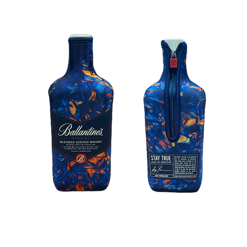 Square contour spirits sleeve with high-stretch Lycra edge binding, rear zipper, and snug fit for premium square bottles.