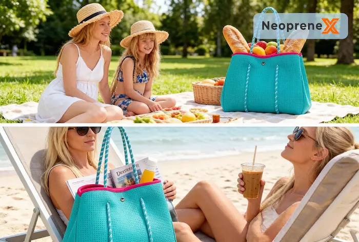 A two-panel image showcasing a turquoise neoprene beach tote used during a family park picnic and by a female model relaxing on a beach lounge chair.