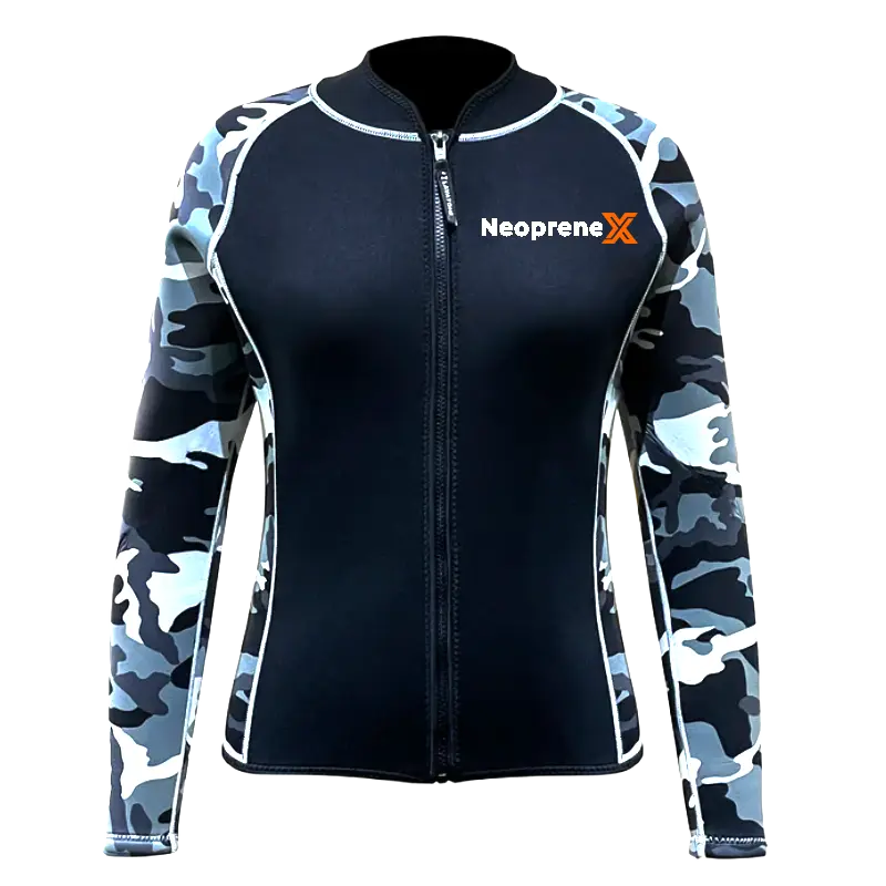 A flat-lay view of a premium 2mm neoprene wetsuit jacket, featuring a black core body with blue and gray camouflage raglan long sleeves and a heavy-duty front zipper closure.
