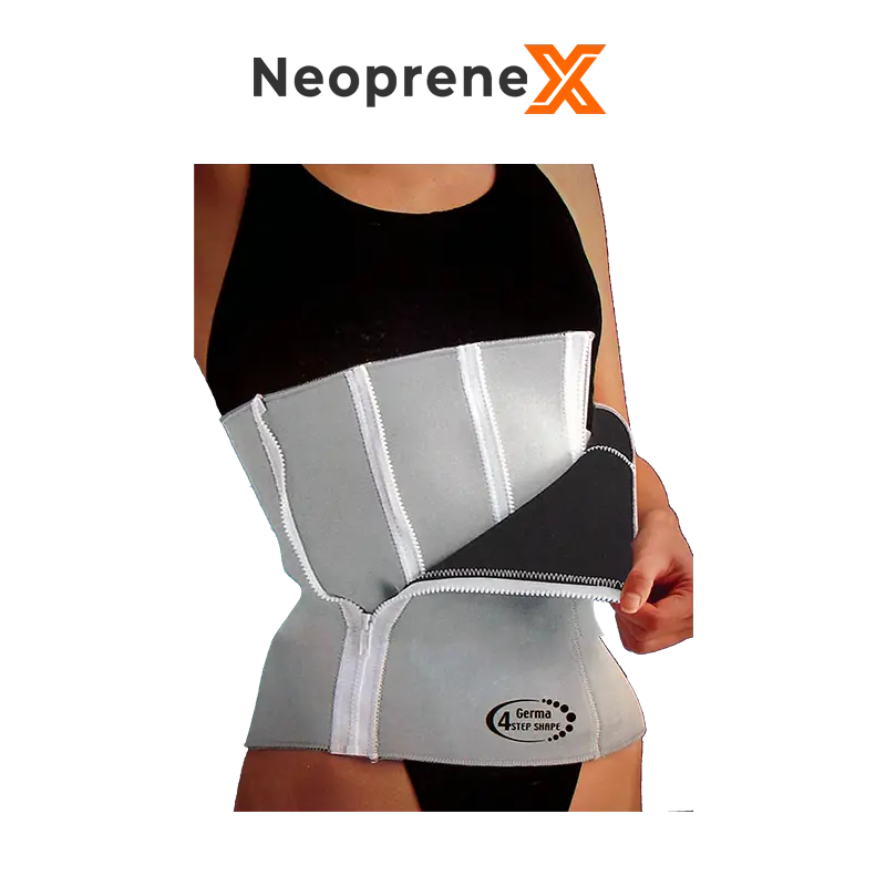 A model wearing the gray and black Adjustable Zip Back Support, demonstrating the unique 4-step shape zipper system used to modify the length and compression of the belt.