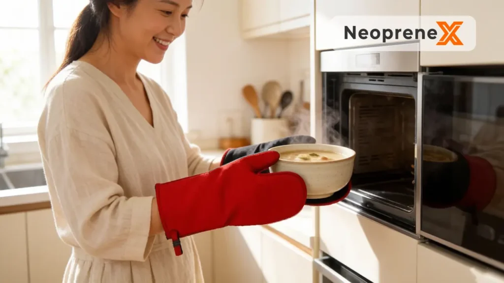 A smiling woman using a NeopreneX red and black classic neoprene oven mitt to safely remove a hot soup bowl from a microwave oven in a bright home kitchen, highlighting the thumb-pocket design and hanging loop feature for household cooking use cases.