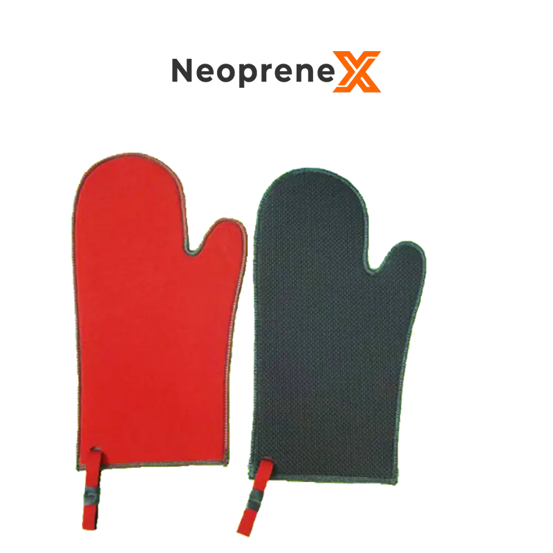 A pair of NeopreneX classic neoprene oven mitts shown side-by-side on a solid black background, showcasing the vibrant red fabric upper and the black bare unlaminated embossed rubber non-slip gripping palm. Features an independent thumb channel, integrated red hanging loop, and a 3.5mm or 4mm thick thermal barrier.