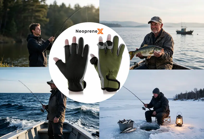 NeopreneX custom neoprene fishing gloves with 3-cut finger design and anti-slip textured palms, displayed in a four-panel product overview highlighting lake fishing, ocean boat fishing, handling fish safely, and extreme cold ice fishing.