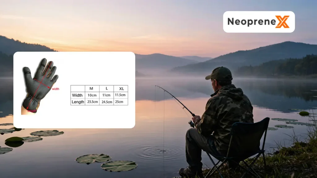 NeopreneX custom neoprene fishing gloves size chart, detailing hand length and width measurements for sizes M, L, and XL, with a professional angler fishing by a calm lake in the background.