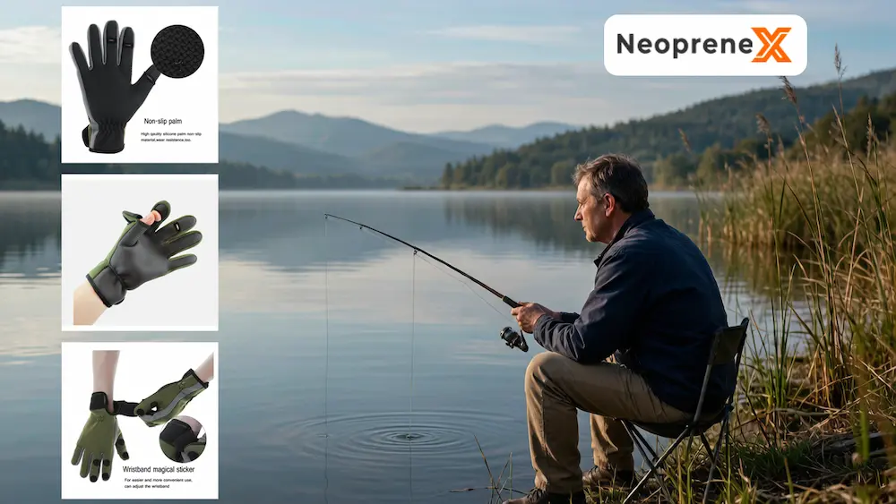 Technical specifications of NeopreneX custom neoprene fishing gloves, detailing a non-slip silicone patterned palm, a flexible 3-cut finger design, and an adjustable hook-and-loop wristband sticker for B2B wholesale buyers.