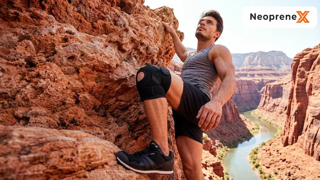 NeopreneX custom black neoprene knee brace with an open-patella design and adjustable compression straps, demonstrated by a male athlete climbing a red rock canyon to showcase heavy-duty joint support.