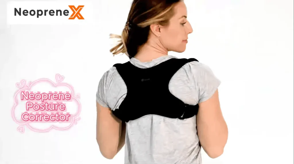 NeopreneX custom black neoprene posture corrector showcasing the back view of The Essential model, featuring a lightweight and stealthy shoulder-retraction design worn over a t-shirt for daily posture alignment.