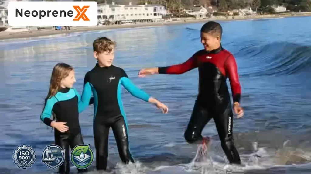 Three happy children wearing custom NeopreneX neoprene wetsuits in blue-black and red-black colorways, splashing in beach waves, showcasing a product overview with an ISO 9001 certification badge.