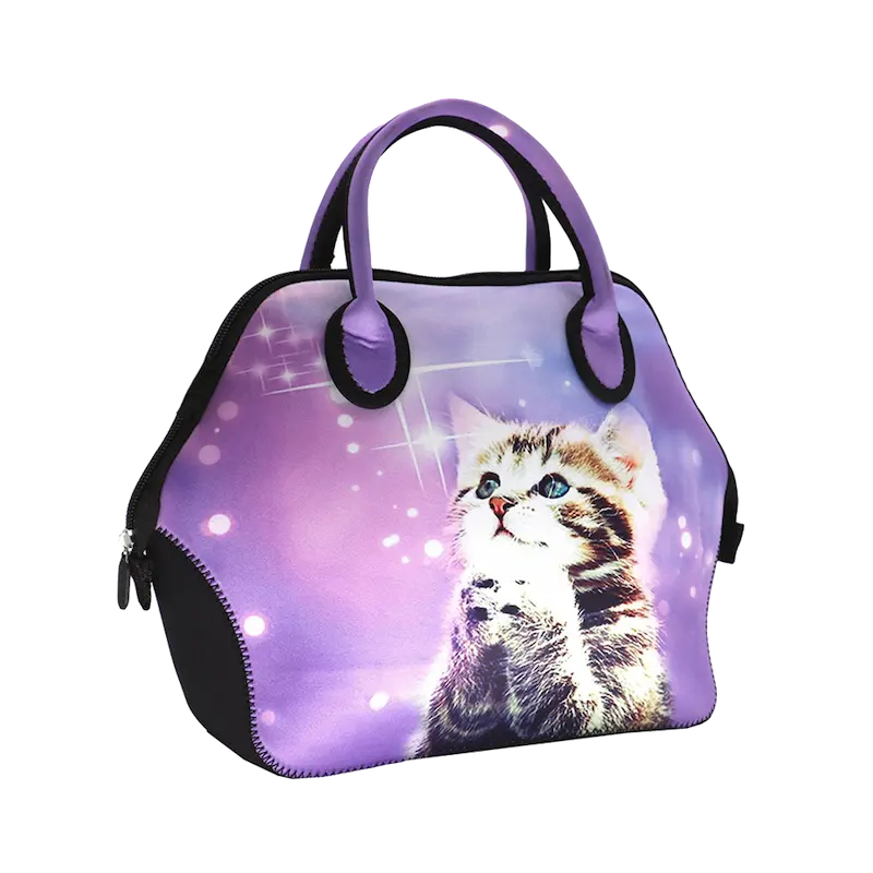 Custom sublimation printed neoprene lunch bag with cute cat pattern and purple handles, showcases factory OEM heat transfer printing capability.