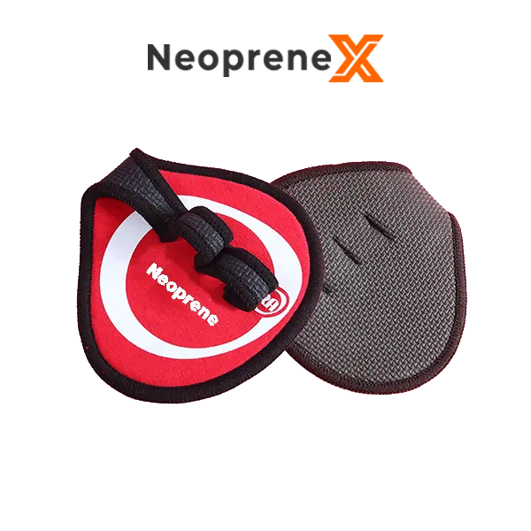 A pair of NeopreneX red and black ergonomic lightweight neoprene lifting grip pads shown on a solid black background. It highlights the front red customizable fabric with a white circle design, a split finger-retaining loop backing, and a bare embossed cross-grid rubber non-slip gripping matrix face.