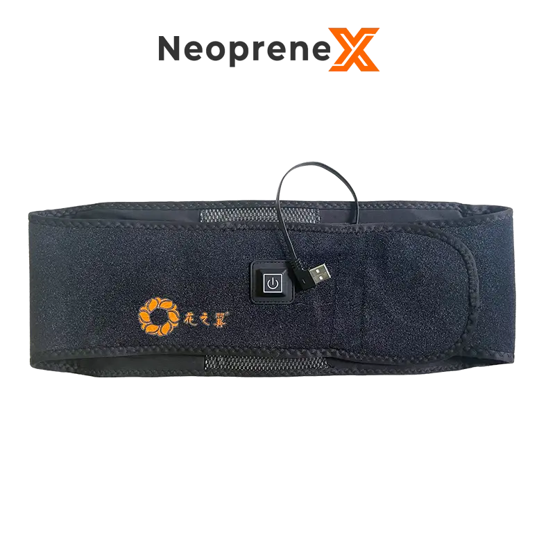 NeopreneX black Heated Back Wrap laid flat, displaying the central power button with blue backlit indicator, integrated USB power cord, and orange brand logo.