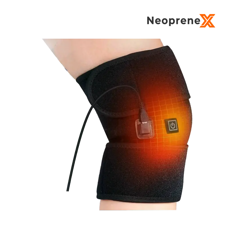 Close-up of the Heated Knee Wrap in use, highlighting the integrated flexible carbon-fiber heating element glowing red with a built-in LED temperature control switch.
