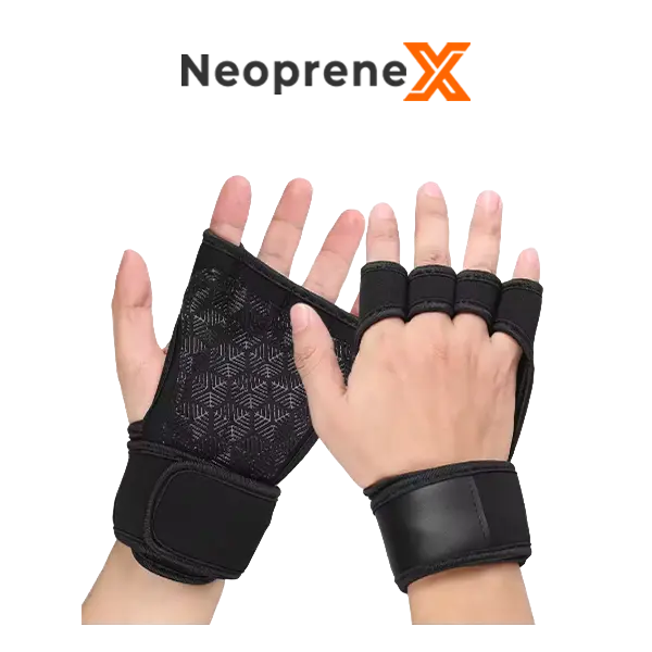 Hands demonstrating a pair of NeopreneX heavy-duty black half-finger neoprene weightlifting gloves. Features an integrated extended wrist support strap with hook-and-loop closure and a geometric textured anti-slip rubber padded palm for professional gym training.