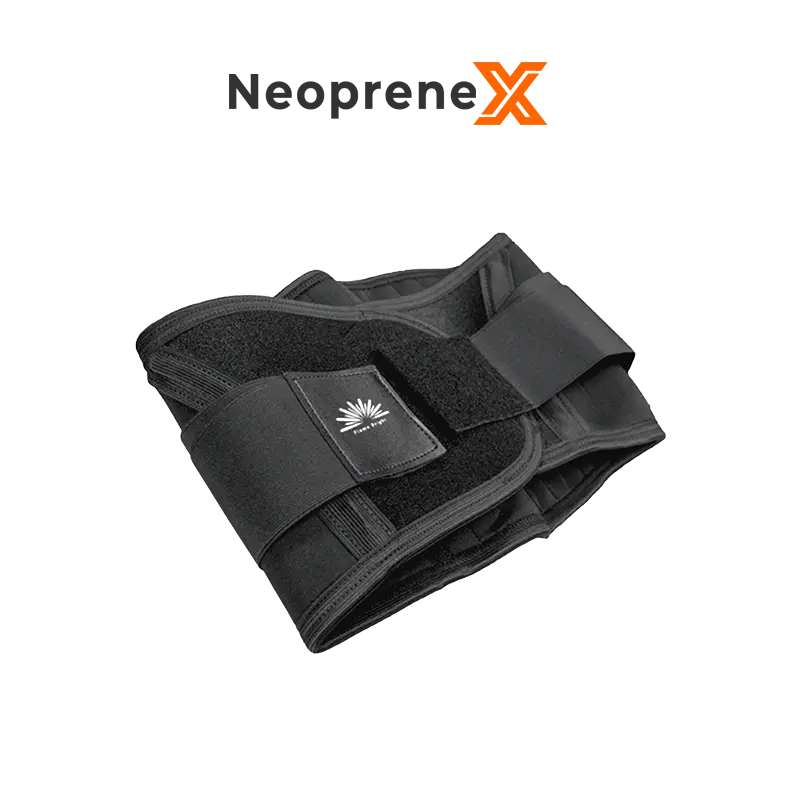 Folded black Industrial Back Support with dual outer tension straps, reinforced edge binding, and a silver brand badge on a black background.