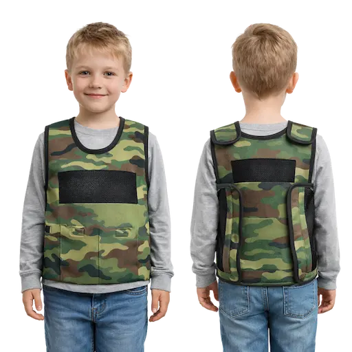 Camouflage pattern kids sensory weighted vest with detachable weights, featuring front and back Velcro patches and a 100% machine washable design for children's calming and fitness training, manufactured by NeopreneX for bulk B2B wholesale.