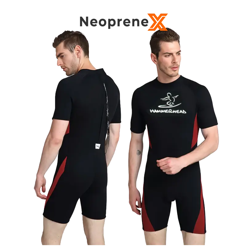Front and back view of a men's 3mm neoprene shorty wetsuit in black with dark red side accents, highlighting the reinforced back YKK zipper with an extra-long pull cord.