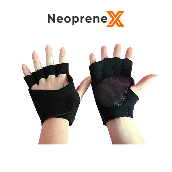 A pair of NeopreneX black minimalist neoprene finger-loop palm protectors shown on hands against a white background. It showcases the independent finger loops, a dedicated thumb hole, a secure back-of-hand hook-and-loop velcro strap closure, and a thickened bare embossed unlaminated rubber non-slip gripping palm pad.