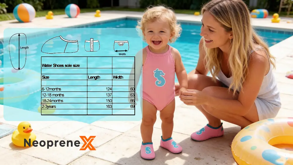 Sizing chart for NeopreneX baby pool shoes and toddler water shoes, featuring a mother and child by a swimming pool. The chart displays sole length and width measurements in millimeters for ages 6-12 months, 12-18 months, 18-24 months, and 2-3 years.