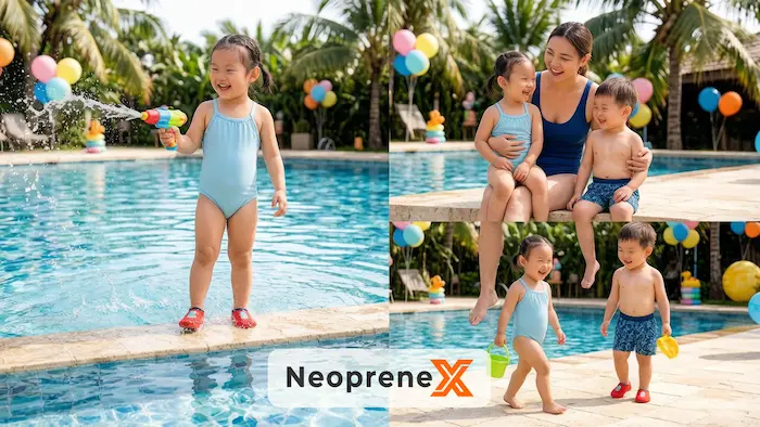 A collage showing toddlers wearing NeopreneX non-slip neoprene baby water shoes by a swimming pool. The images demonstrate the wet-grip safety, foot protection, and lightweight comfort of our infant swim socks during active family pool play.