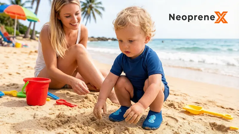 A happy baby wearing NeopreneX blue neoprene baby water shoes with sea horse patterns playing in the sand at the beach, while a smiling mother looks on. This highlights the slip-resistant, protective, and comfortable design of our soft infant water socks.