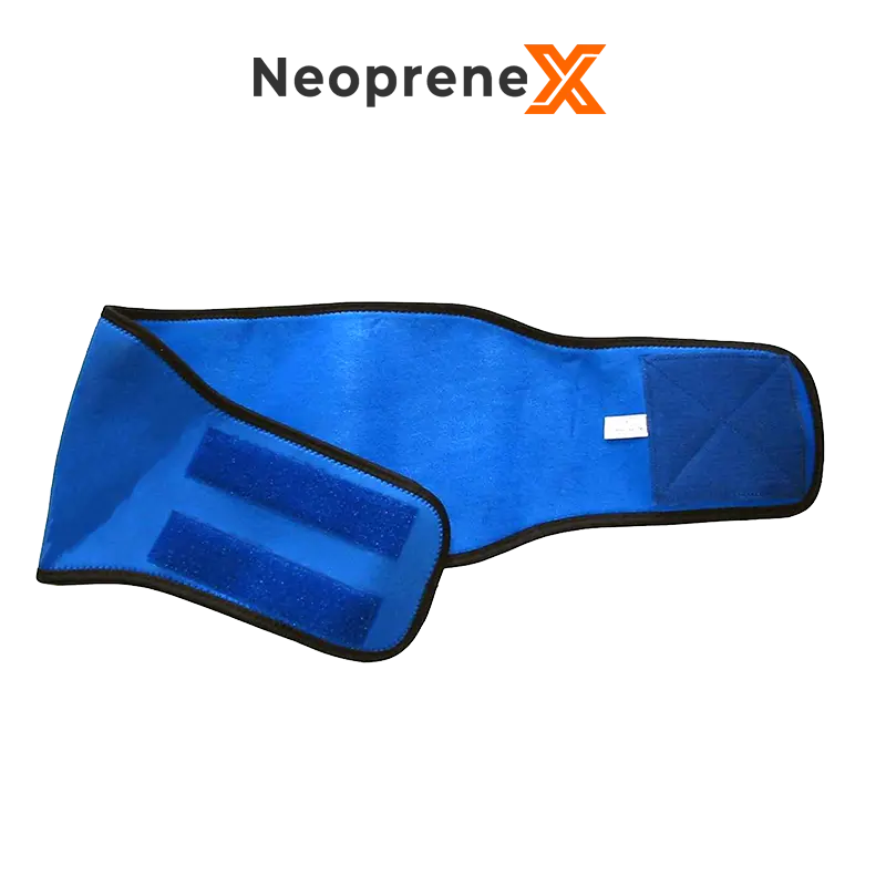 A bright blue NeopreneX basic back wrap showing its 3mm neoprene core, soft black edge binding, and dual adjustable hook-and-loop velcro straps on a black background.