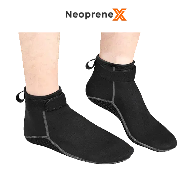 NeopreneX 2.5mm neoprene beach grip socks featuring adjustable ankle straps, anti-slip printed soles, and Lycra binding. Designed for wholesale beach sports, sailing, and outdoor water activities.