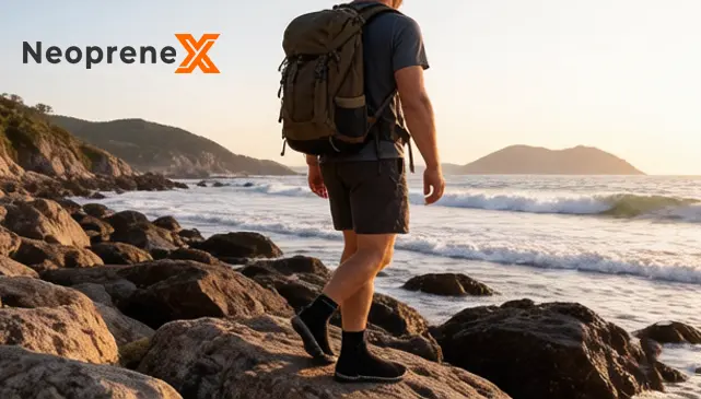 An outdoor hiker with a backpack walking safely on rugged coastal wet rocks, wearing NeopreneX heavy-duty beach socks designed for foot protection and traction.