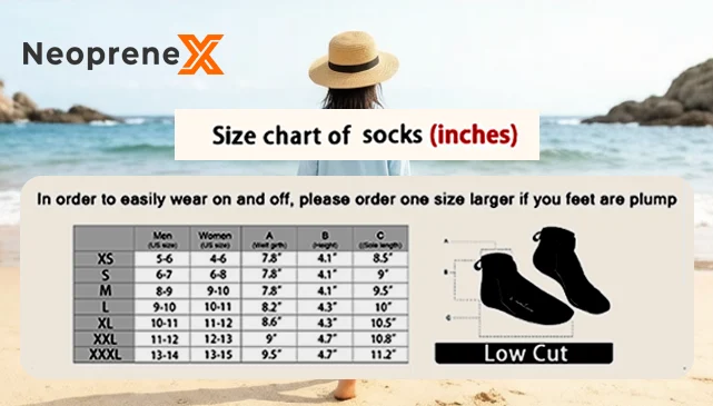 Sizing chart in inches for NeopreneX low-cut neoprene beach socks and water socks, ranging from size XS to XXXL for both US Men and Women. Includes detailed measurements for welt girth, height, and sole length, with a tip to order one size larger for plumper feet.