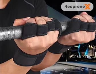 A close-up of hands firmly gripping a barbell with NeopreneX custom black half-finger weightlifting gloves, showcasing our factory's heavy-duty industrial stitching, ergonomic pattern cutting, and premium OEM private-label manufacturing capabilities for global fitness brands.